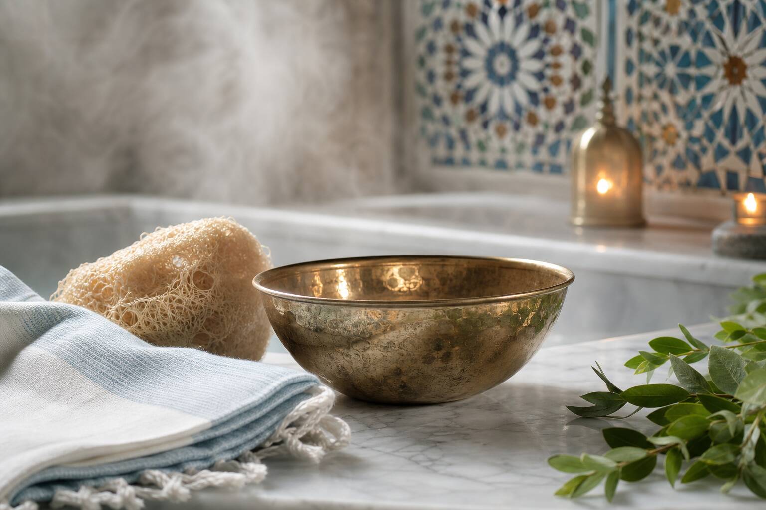 Accessoires de hammam traditionnel, tas en laiton et gant exfoliant sur marbre, rituel de soin et relaxation
