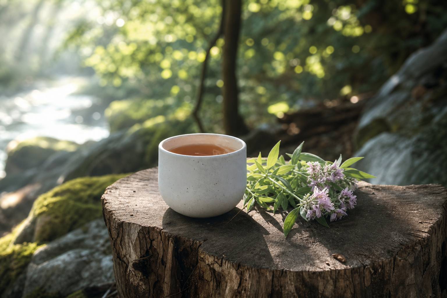 Infusion de lycope en tasse céramique en forêt ambiance apaisante nature
