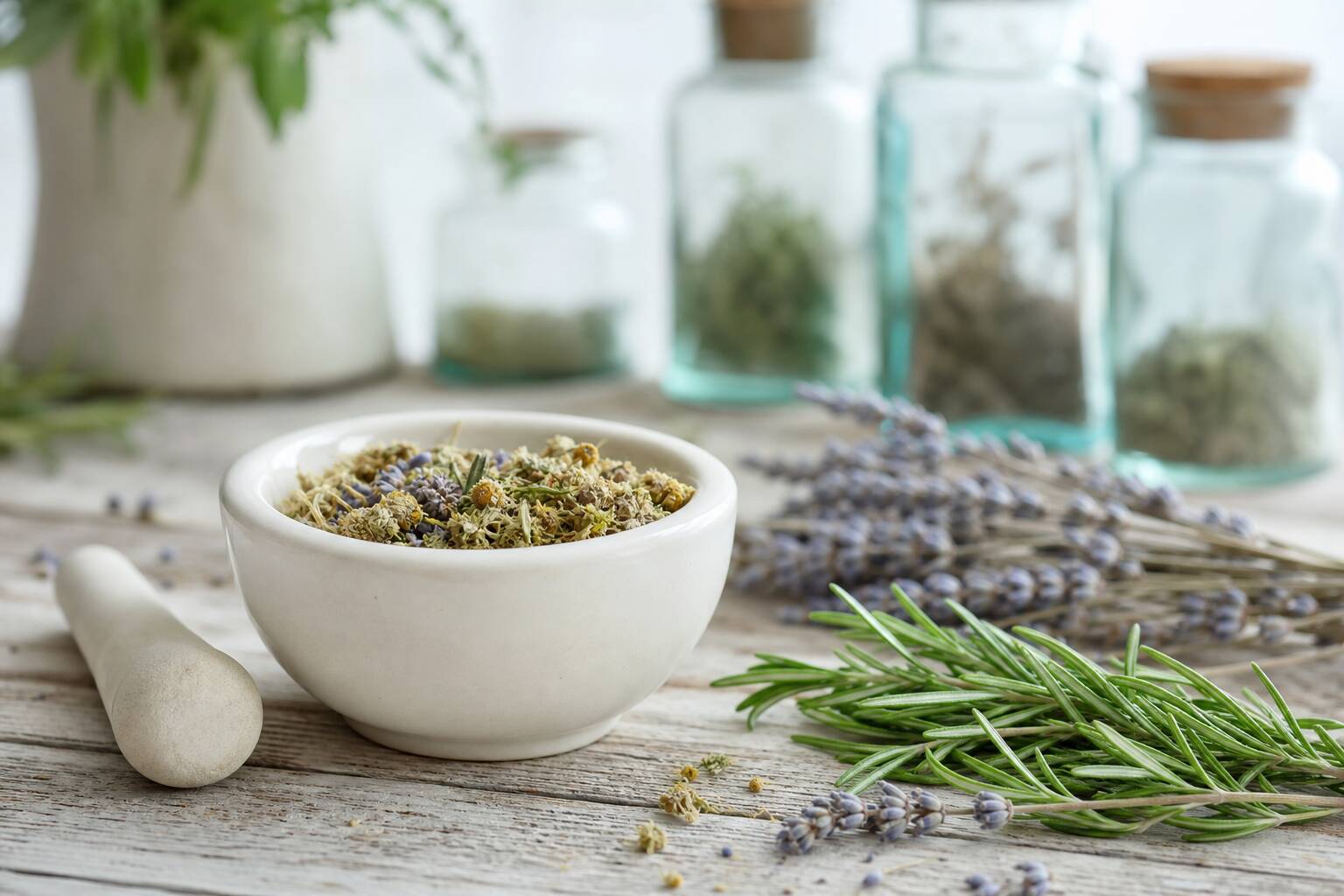 Préparation de plantes médicinales dans un mortier, herbes séchées et aromatiques, savoir ancestral de phytothérapie