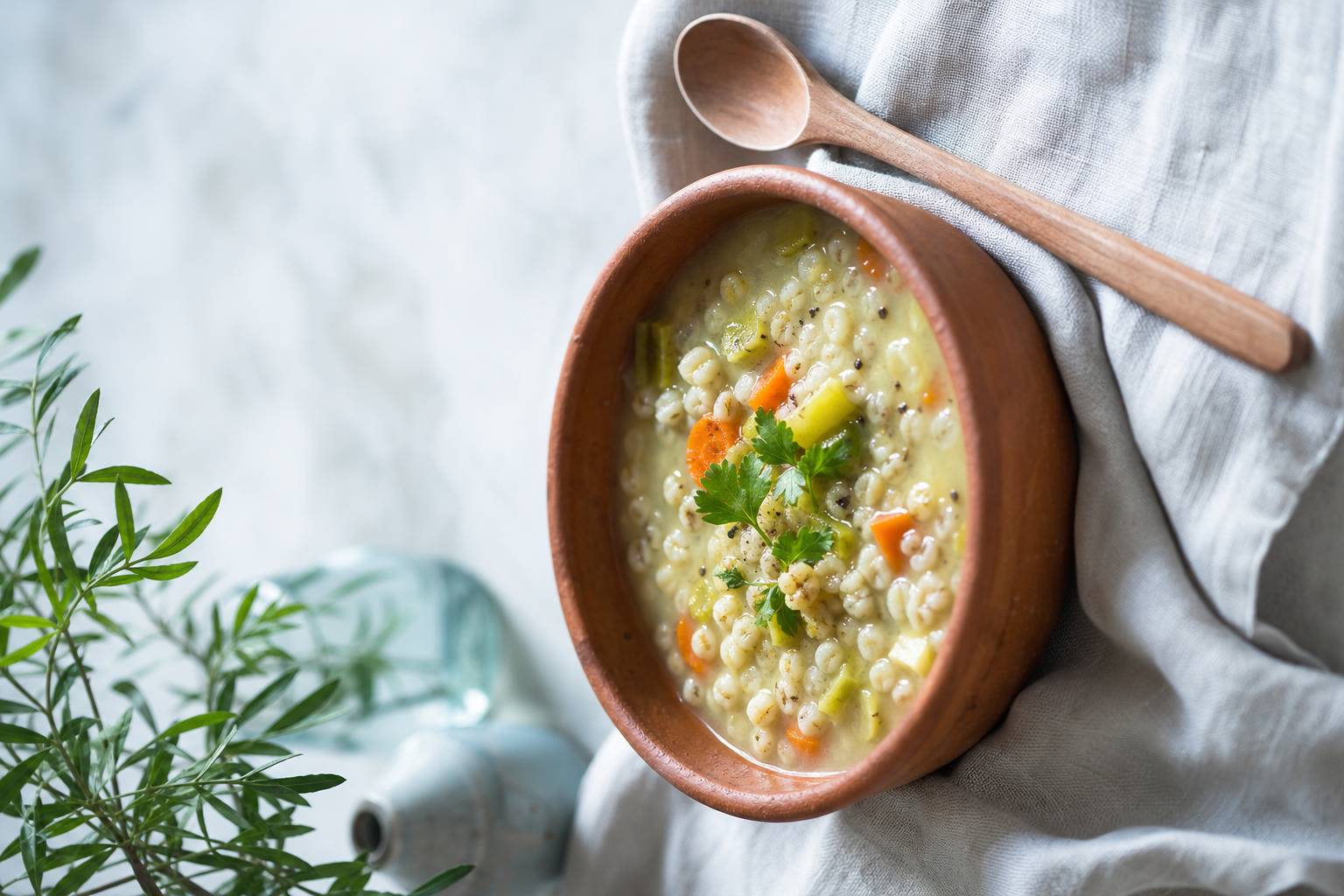 Soupe à l'orge perlée carottes et poireaux dans assiette en terre cuite