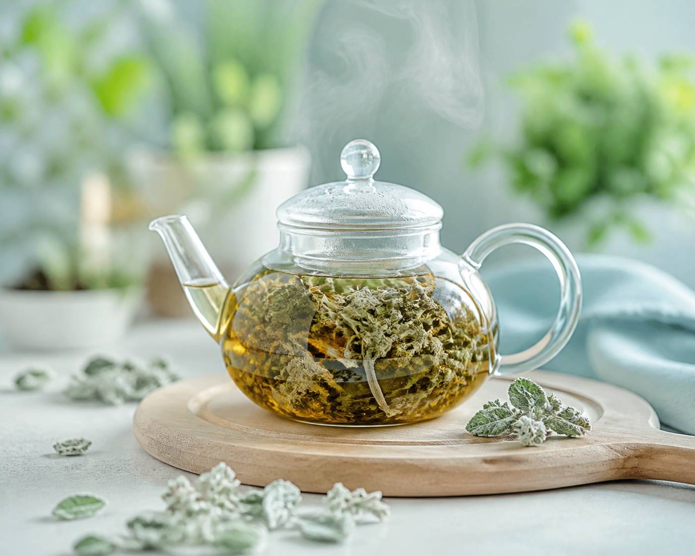 Tisane de marrube blanc infusant dans théière en verre bien-être