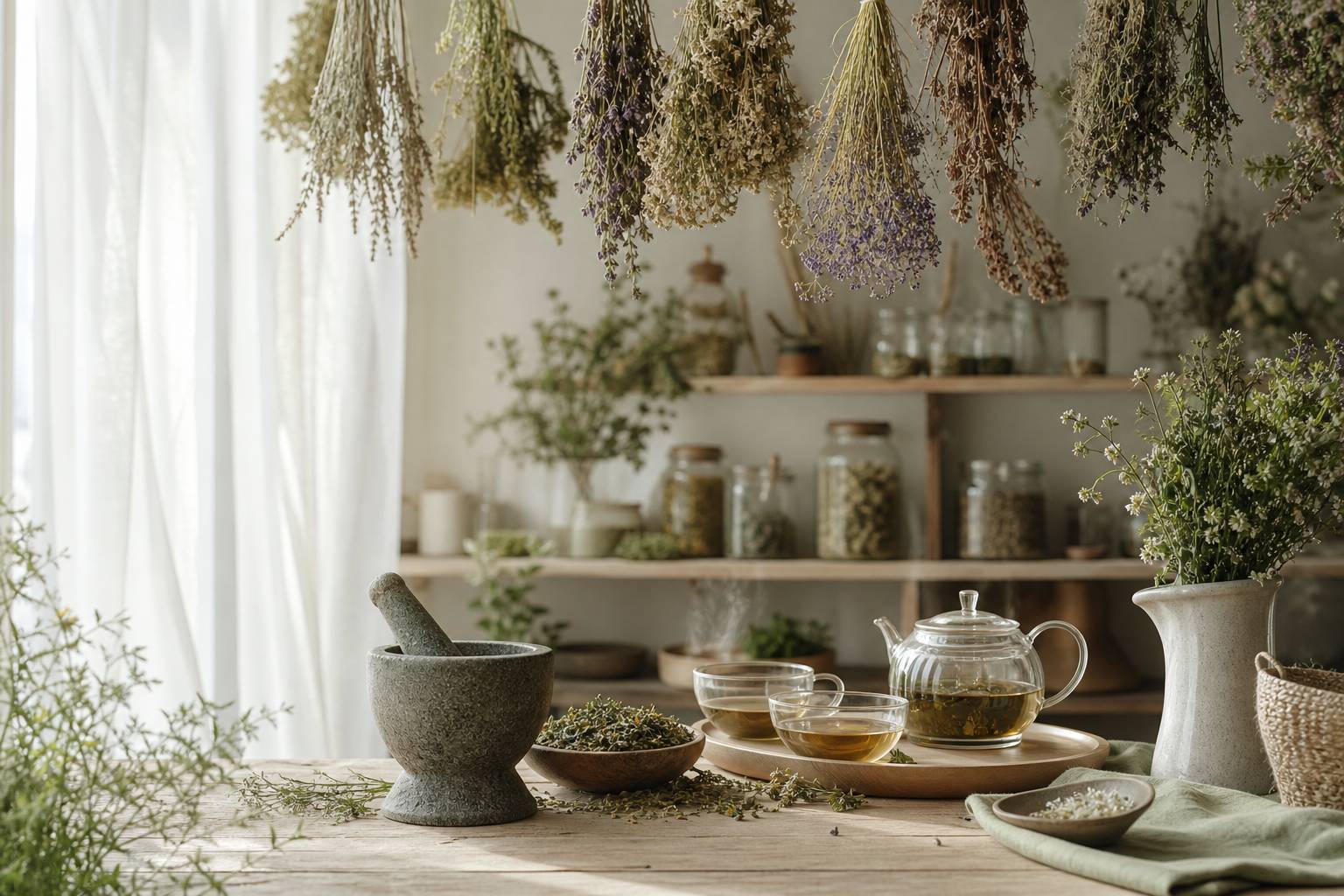 Espace bien etre plantes medicinales sechees tisanes mortier pilon traditionnel