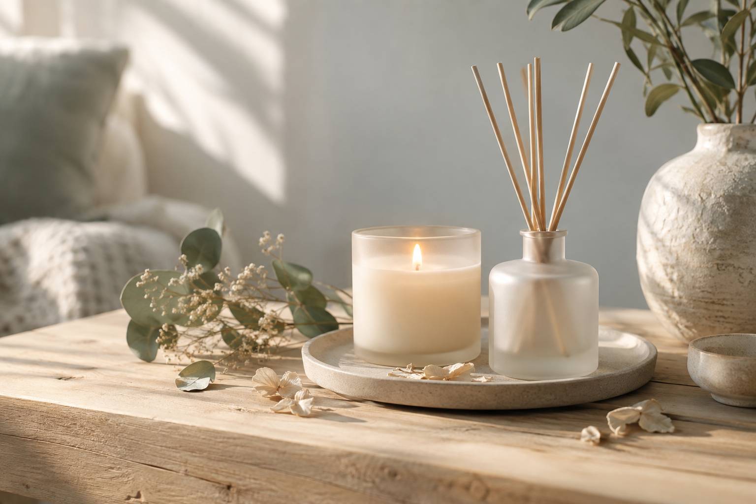 Bougie allumee et diffuseur a batonnets en verre sur une tablette en bois