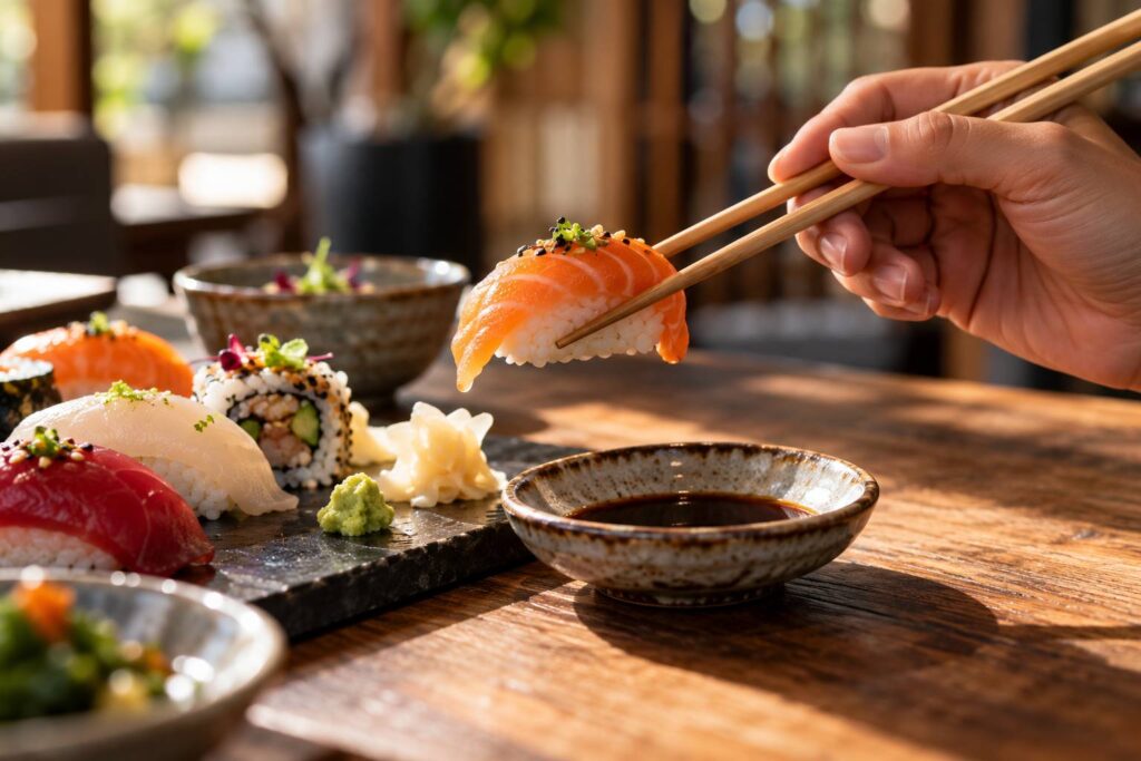 Illustration de détail sur le sujet : Manger des sushis en pleine conscience : ralentir, goûter et choisir ses pièces