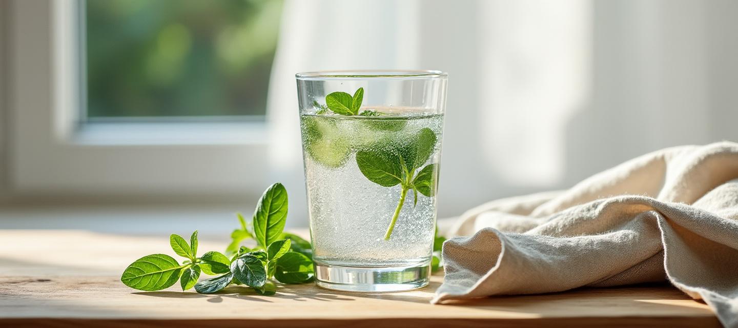 Verre d'eau sur bois naturel — hydratation quotidienne