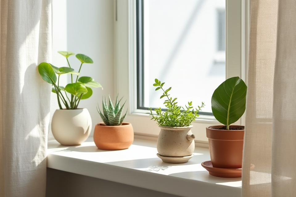 Rebord de fenêtre avec plantes, objets céramique, lumière douce