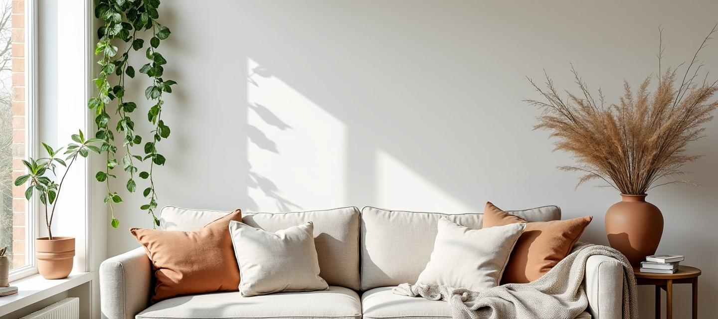 Intérieur lumineux — plantes, lin, lumière naturelle