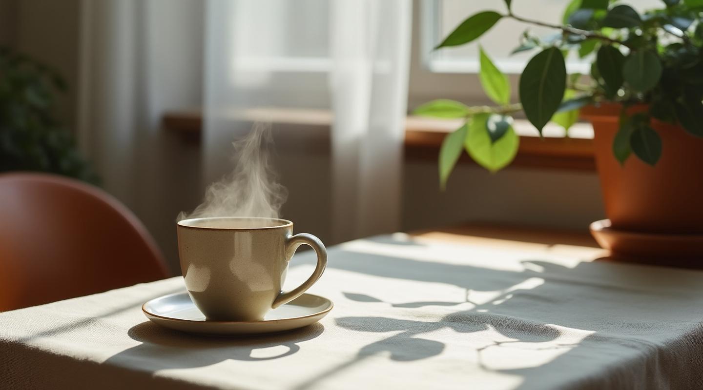 Matin apaisé — tasse de thé, lin, lumière oblique