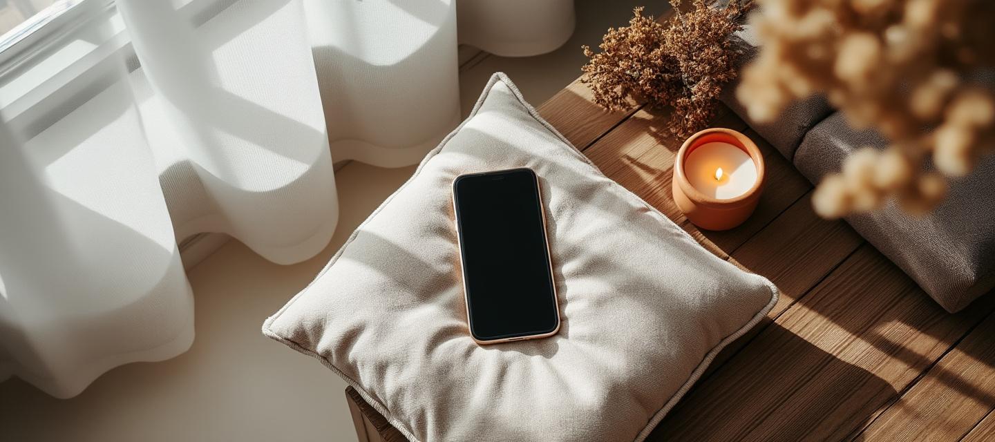 Smartphone posé sur coussin lin — appli méditation