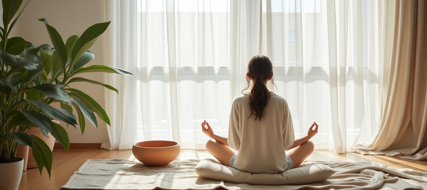 Méditation matinale — lumière douce, intérieur lin