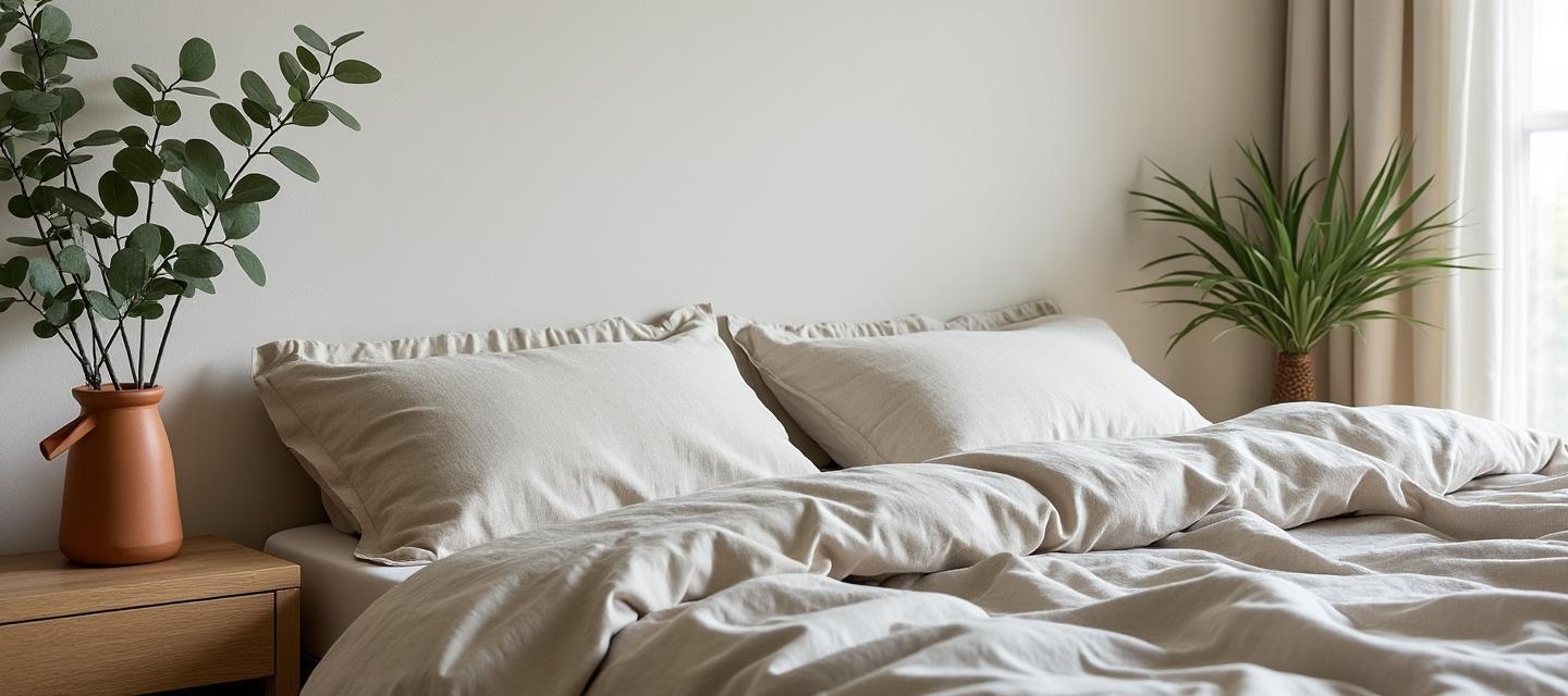 Chambre matinale — literie lin, lumière oblique